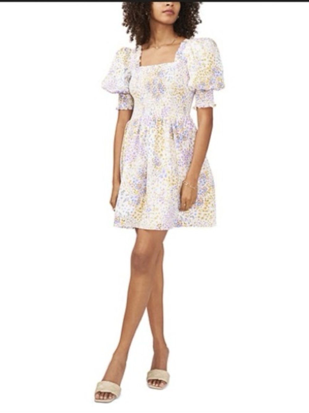 1.STATE Square Neck Puff Sleeve Smocked Dress